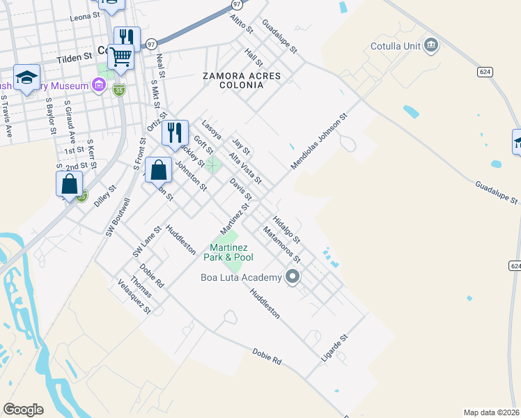 map of restaurants, bars, coffee shops, grocery stores, and more near 1005 Matamoros Street in Cotulla