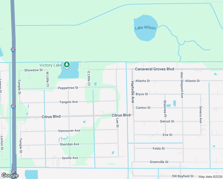 map of restaurants, bars, coffee shops, grocery stores, and more near 4005 Peppertree Street in Cocoa
