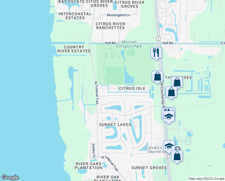 map of restaurants, bars, coffee shops, grocery stores, and more near 738 Mandalay Grove Court in Merritt Island