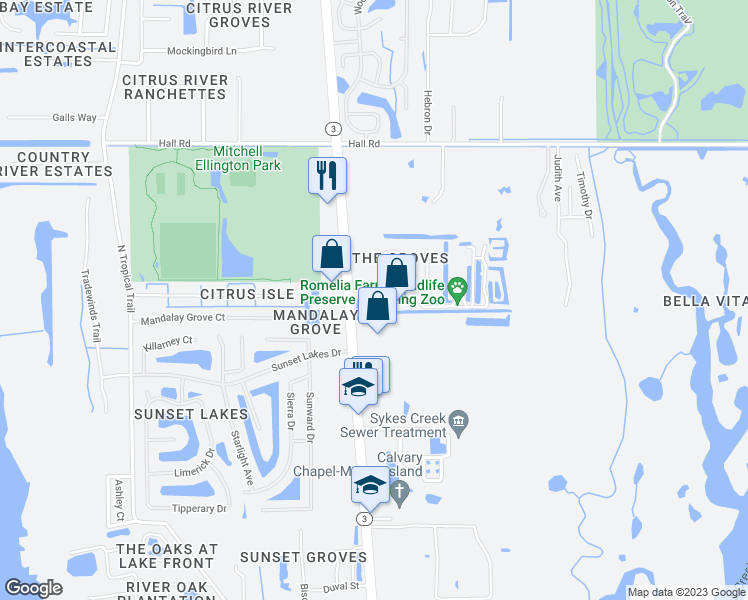 map of restaurants, bars, coffee shops, grocery stores, and more near 107 Gator Drive in Merritt Island
