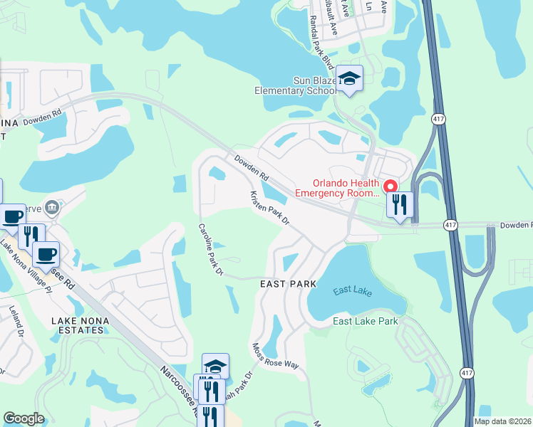 map of restaurants, bars, coffee shops, grocery stores, and more near 10340 Kristen Park Drive in Orlando