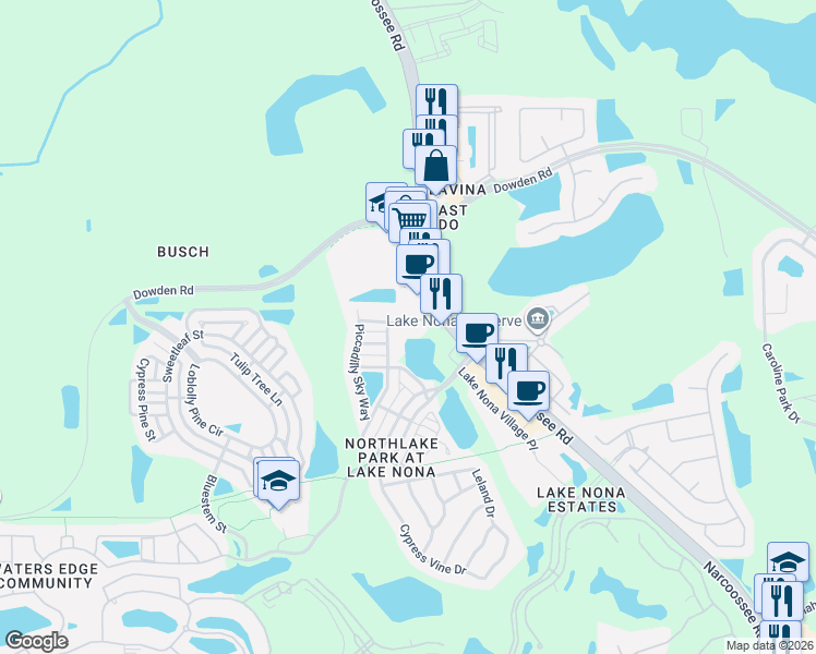 map of restaurants, bars, coffee shops, grocery stores, and more near 9539 Fenrose Terrace in Orlando