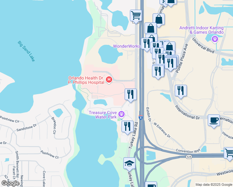 map of restaurants, bars, coffee shops, grocery stores, and more near 9400 Turkey Lake Road in Orlando