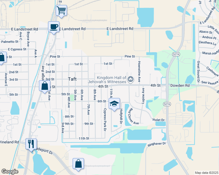 map of restaurants, bars, coffee shops, grocery stores, and more near 9528 11th Avenue in Orlando