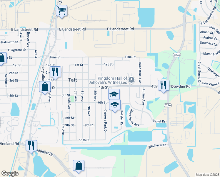 map of restaurants, bars, coffee shops, grocery stores, and more near 9528 11th Avenue in Orlando