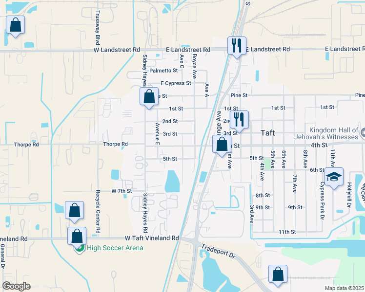 map of restaurants, bars, coffee shops, grocery stores, and more near Avenue C in Orlando