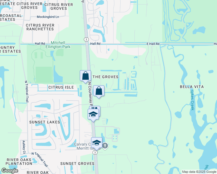 map of restaurants, bars, coffee shops, grocery stores, and more near 139 Gator Drive in Merritt Island