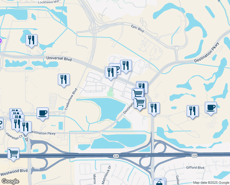map of restaurants, bars, coffee shops, grocery stores, and more near 5000 Cayview Avenue in Orlando
