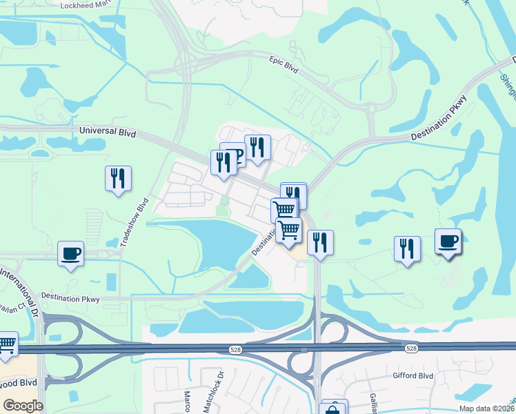 map of restaurants, bars, coffee shops, grocery stores, and more near 9702 Universal Boulevard in Orlando