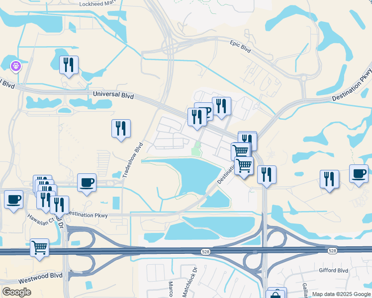 map of restaurants, bars, coffee shops, grocery stores, and more near 5025 Shoreway Loop in Orlando
