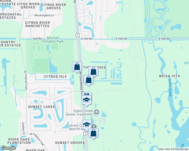 map of restaurants, bars, coffee shops, grocery stores, and more near in North Merritt Island