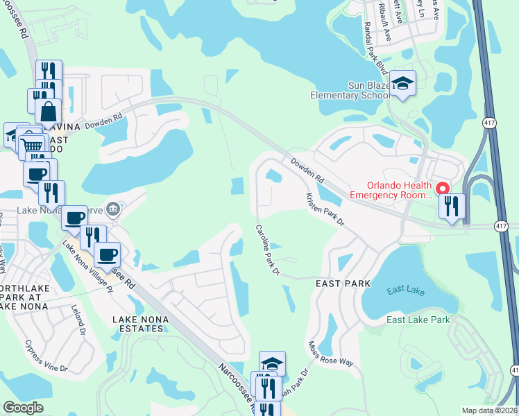 map of restaurants, bars, coffee shops, grocery stores, and more near 9432 Cobalt Park Drive in Orlando