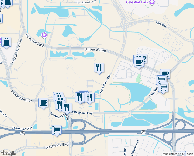 map of restaurants, bars, coffee shops, grocery stores, and more near 9860 Universal Boulevard in Orlando