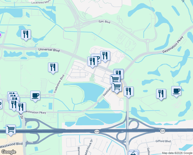 map of restaurants, bars, coffee shops, grocery stores, and more near 5000 Cayview Avenue in Orlando
