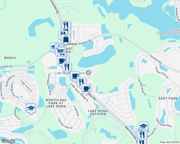 map of restaurants, bars, coffee shops, grocery stores, and more near 9309 Cherry Palm Lane in Orlando