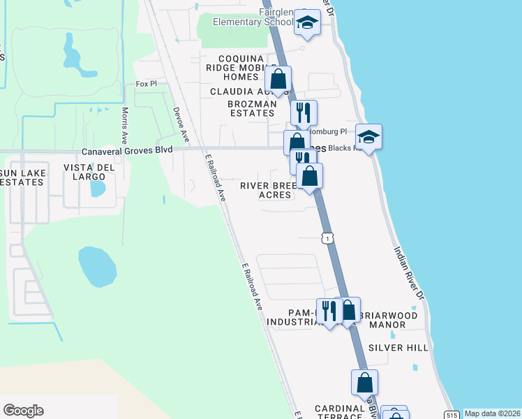 map of restaurants, bars, coffee shops, grocery stores, and more near 387 Lutz Street in Cocoa