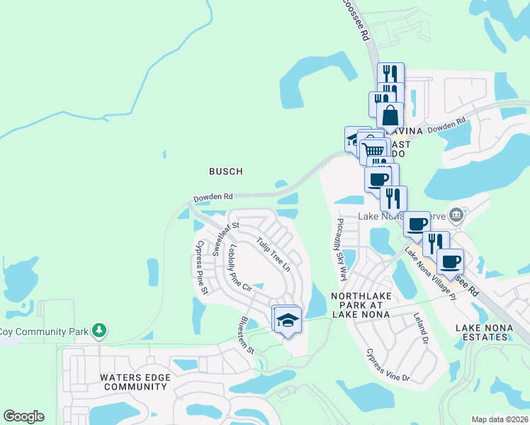 map of restaurants, bars, coffee shops, grocery stores, and more near 8767 Coco Plum Place in Orlando