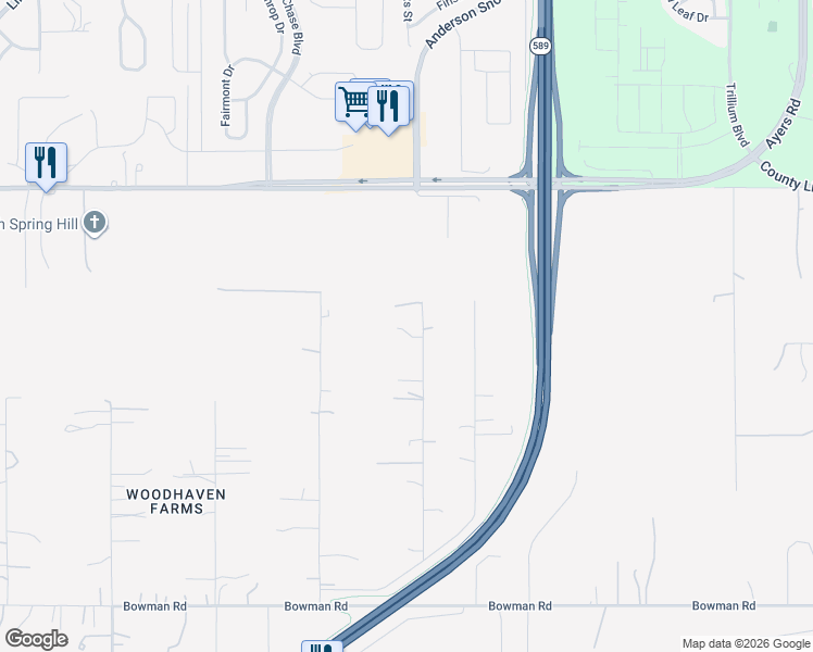map of restaurants, bars, coffee shops, grocery stores, and more near 18625 Deason Drive in Spring Hill