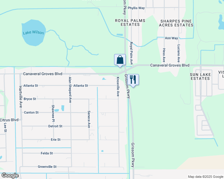 map of restaurants, bars, coffee shops, grocery stores, and more near 3200 Atlanta Street in Cocoa