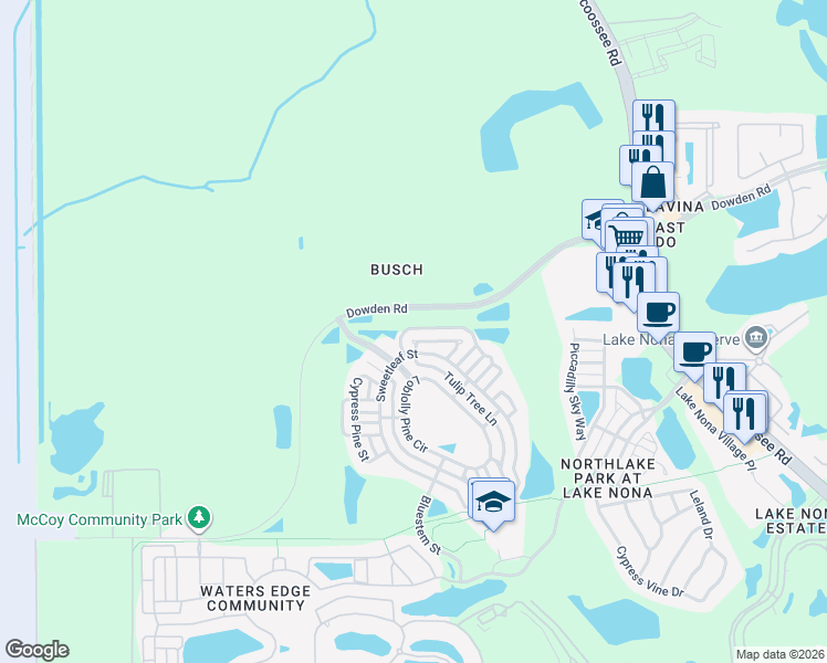 map of restaurants, bars, coffee shops, grocery stores, and more near 8723 Coco Plum Place in Orlando