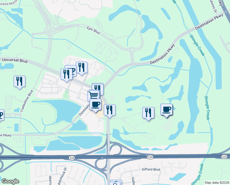 map of restaurants, bars, coffee shops, grocery stores, and more near 990 Destination Parkway in Orlando