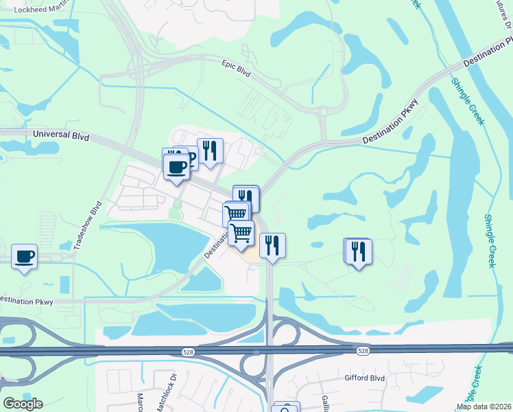 map of restaurants, bars, coffee shops, grocery stores, and more near 990 Destination Parkway in Orlando