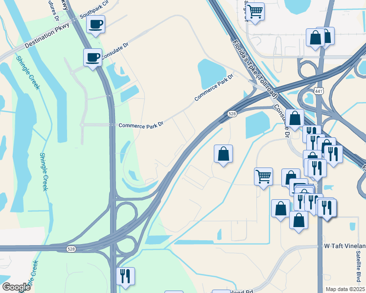 map of restaurants, bars, coffee shops, grocery stores, and more near 9424 Southridge Park Court in Orlando