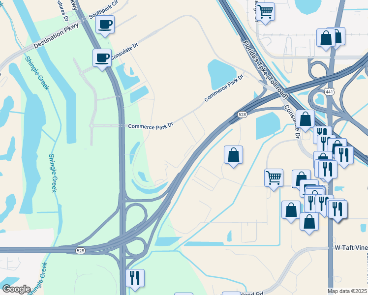 map of restaurants, bars, coffee shops, grocery stores, and more near 9424 Southridge Park Court in Orlando