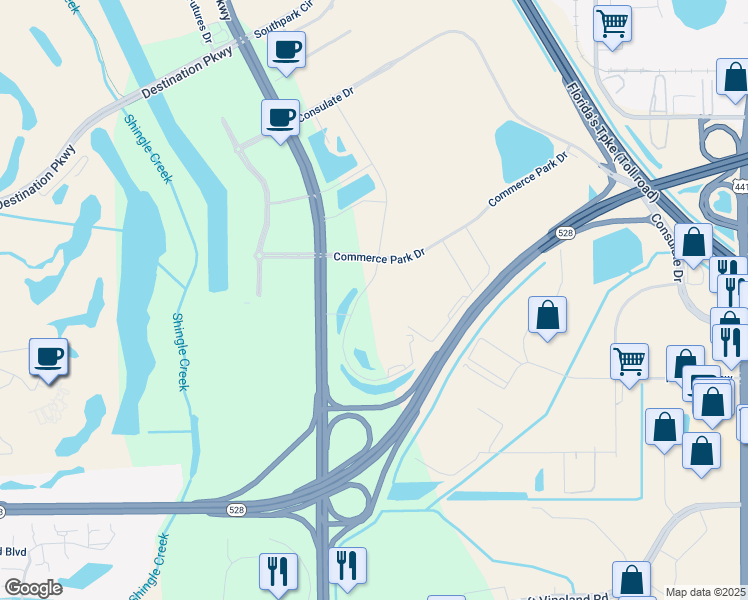 map of restaurants, bars, coffee shops, grocery stores, and more near 2822 Commerce Park Drive in Orlando