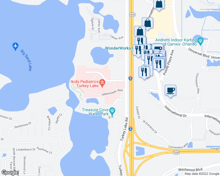 map of restaurants, bars, coffee shops, grocery stores, and more near 9400 Turkey Lake Road in Orlando