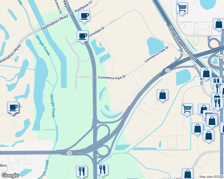 map of restaurants, bars, coffee shops, grocery stores, and more near 2822 Commerce Park Dr in Orlando