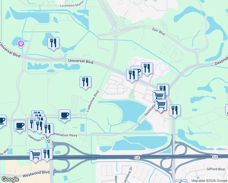 map of restaurants, bars, coffee shops, grocery stores, and more near 5049 Shoreway Loop in Orlando