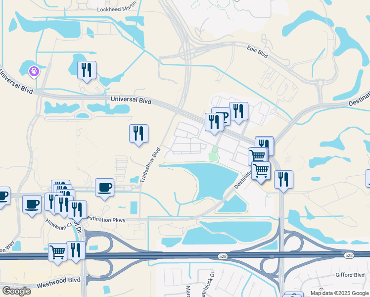 map of restaurants, bars, coffee shops, grocery stores, and more near 5049 Shoreway Loop in Orlando