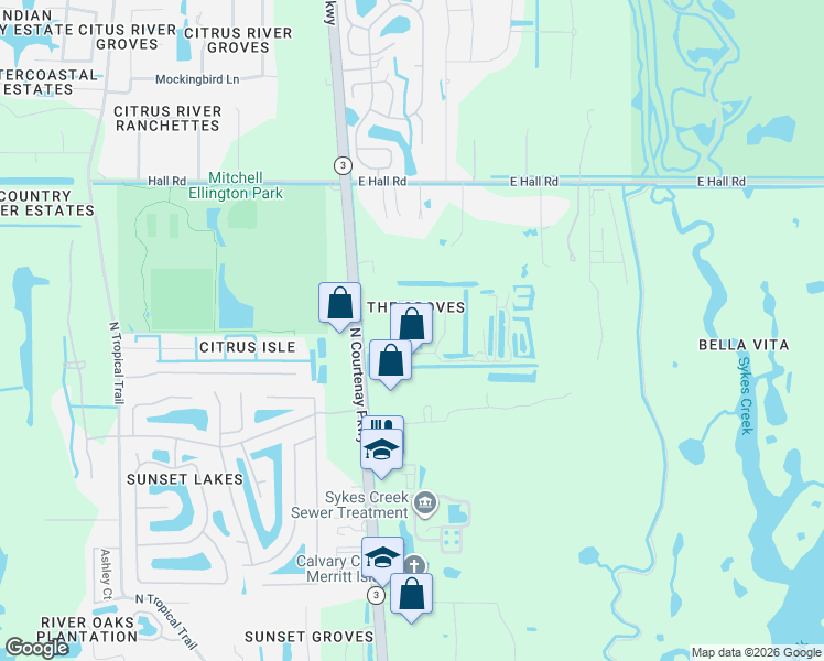 map of restaurants, bars, coffee shops, grocery stores, and more near in North Merritt Island
