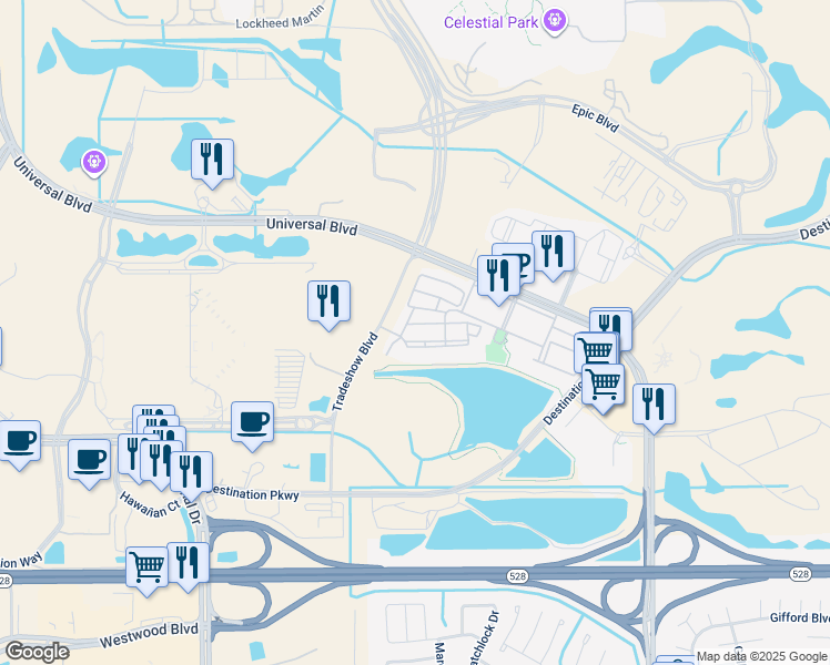 map of restaurants, bars, coffee shops, grocery stores, and more near 5049 Shoreway Loop in Orlando
