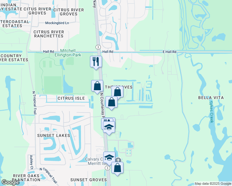 map of restaurants, bars, coffee shops, grocery stores, and more near 4030 Shuttle Court in Merritt Island