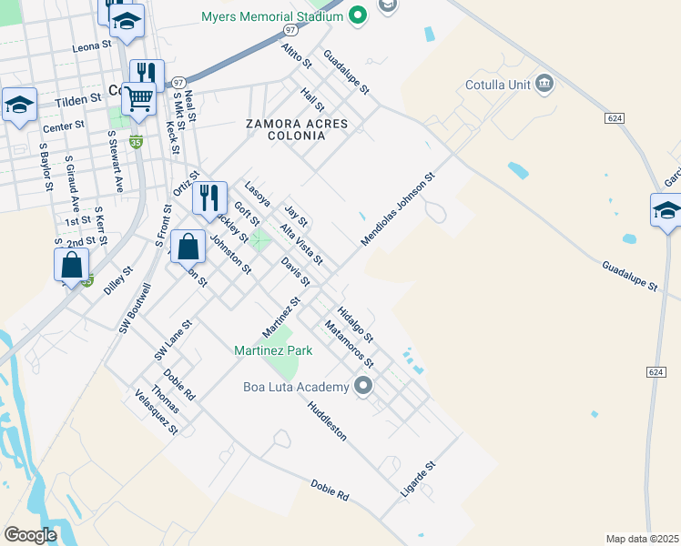 map of restaurants, bars, coffee shops, grocery stores, and more near 1001 Alta Vista Street in Cotulla