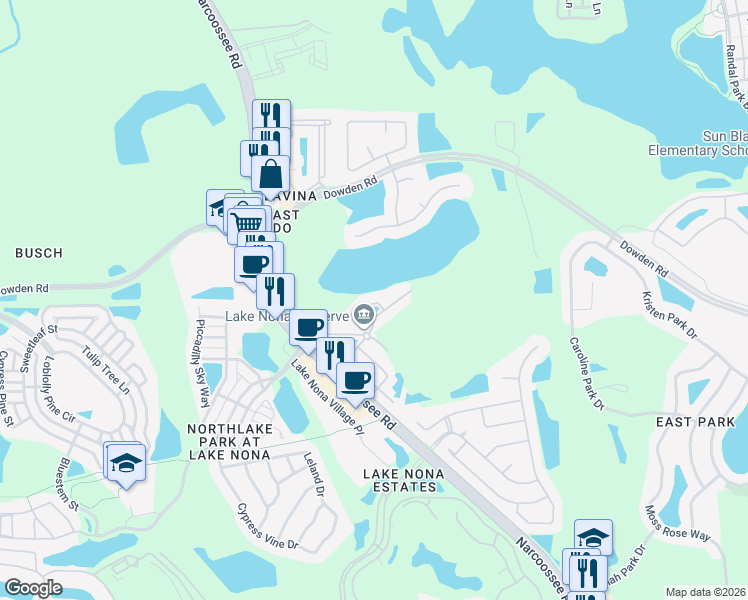 map of restaurants, bars, coffee shops, grocery stores, and more near 9357 Cherry Palm Lane in Orlando