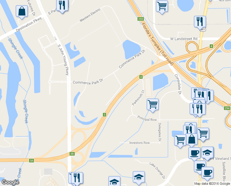 map of restaurants, bars, coffee shops, grocery stores, and more near Southridge Park Court in Orlando