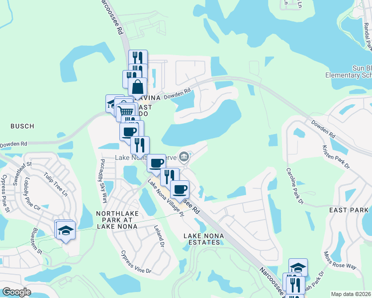 map of restaurants, bars, coffee shops, grocery stores, and more near 9309 Cherry Palm Lane in Orlando