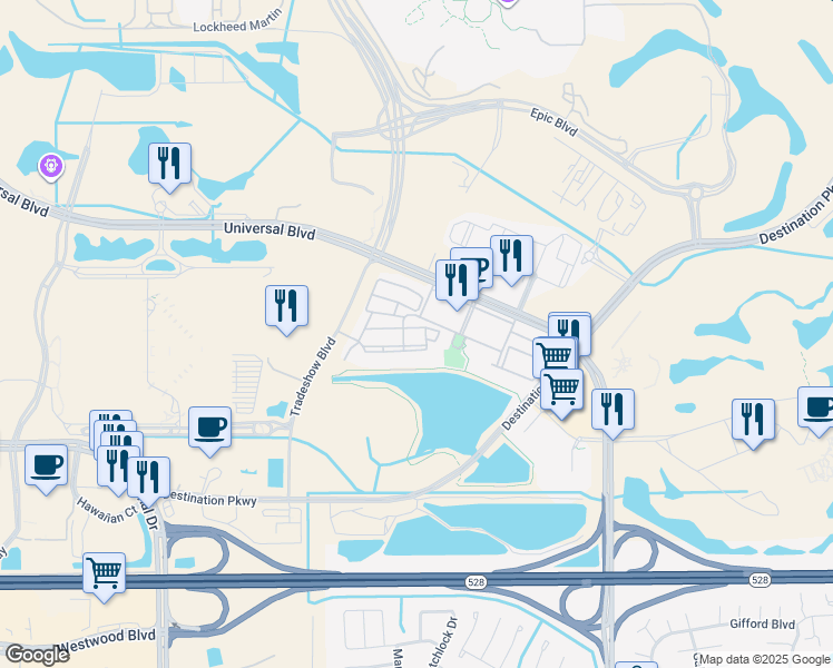 map of restaurants, bars, coffee shops, grocery stores, and more near 5025 Shoreway Loop in Orlando