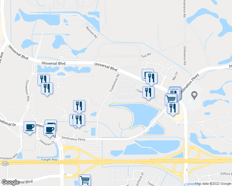 map of restaurants, bars, coffee shops, grocery stores, and more near 8036 Cool Breeze Drive in Orlando