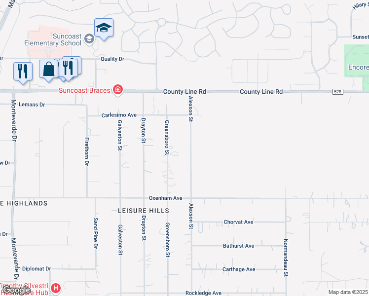 map of restaurants, bars, coffee shops, grocery stores, and more near 18703 Alexson Street in Spring Hill