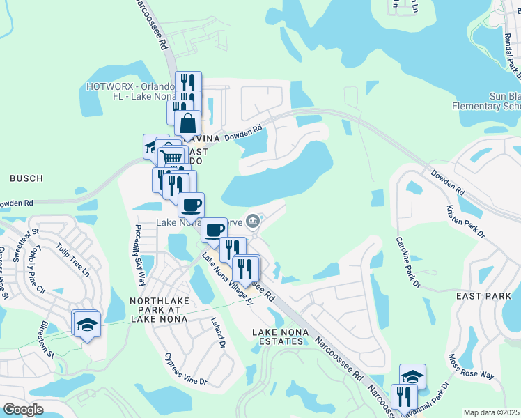 map of restaurants, bars, coffee shops, grocery stores, and more near 9309 Cherry Palm Lane in Orlando