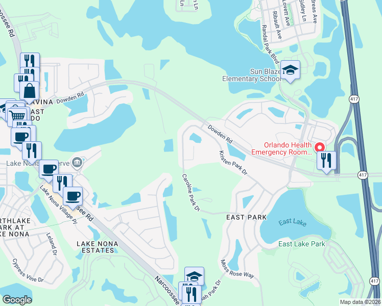 map of restaurants, bars, coffee shops, grocery stores, and more near 9432 Cobalt Park Drive in Orlando