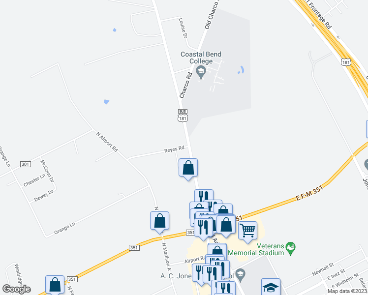 map of restaurants, bars, coffee shops, grocery stores, and more near 201 Reyes Rd in Beeville