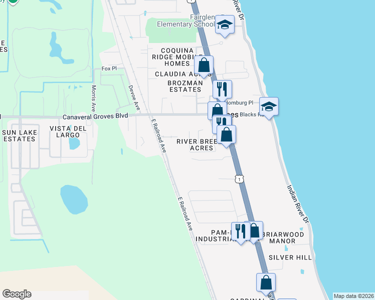 map of restaurants, bars, coffee shops, grocery stores, and more near 3917 West Ridgewood Drive in Cocoa