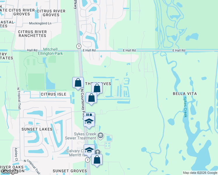 map of restaurants, bars, coffee shops, grocery stores, and more near 3997 Dundee Drive in Merritt Island