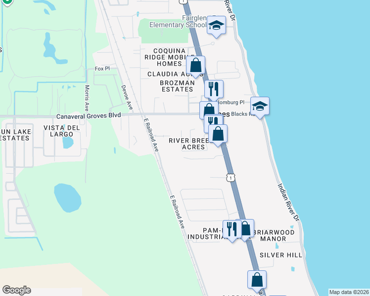 map of restaurants, bars, coffee shops, grocery stores, and more near 3917 West Ridgewood Drive in Cocoa