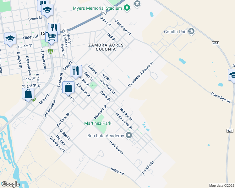 map of restaurants, bars, coffee shops, grocery stores, and more near 1001 Alta Vista Street in Cotulla